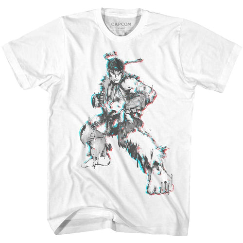White Street Fighter t-shirt featuring a Street Fighter Glitch Fighter design