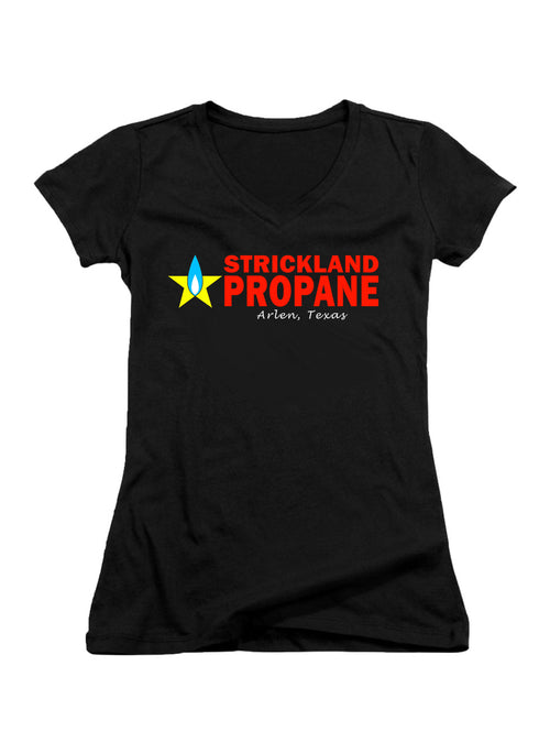 Black Strickland Propane Logo Juniors V-Neck T-Shirt