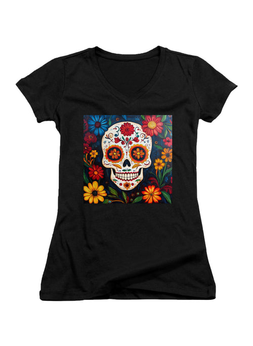 Black Sugar Skull Flowers Juniors V-Neck T-Shirt