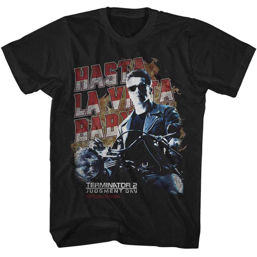 Black Terminator 2 t-shirt featuring a Hasta La Vista Motorcycle design