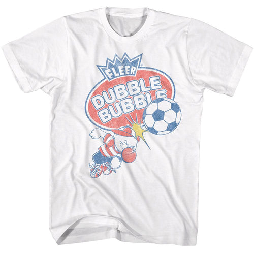 White Dubble Bubble t-shirt featuring a Pud Playing Soccer design