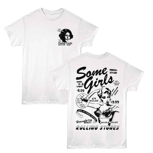 White Rolling Stones t-shirt featuring a Some Girls 78 Catalog design