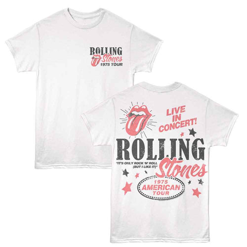 White Rolling Stones t-shirt featuring a 1975 American Tour design
