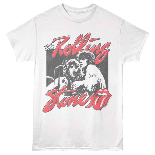White Rolling Stones t-shirt featuring a Rolling Stones photo and logo design