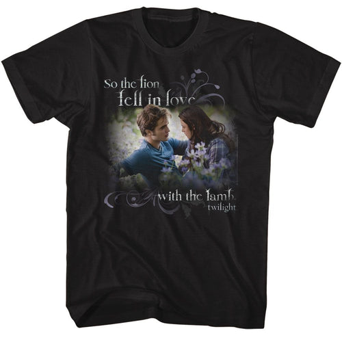 Black Twilight t-shirt featuring a Lion in Love with the Lamb design