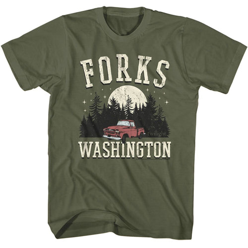 Military Green Twilight t-shirt featuring a Forks Truck design