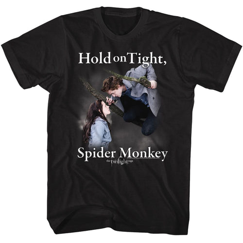 Black Twilight t-shirt featuring a Hold on Spider Monkey design