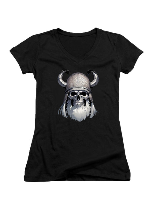 Black Viking Skull Juniors V-Neck T-Shirt