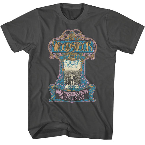 Smoke Woodstock t-shirt featuring a Nouveau Poster design