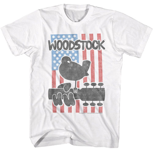White Woodstock t-shirt featuring a Flower Flag design