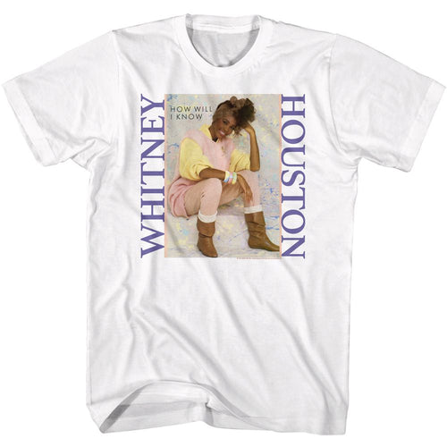 White Whitney Houston t-shirt featuring a How Will I Know Pastel design