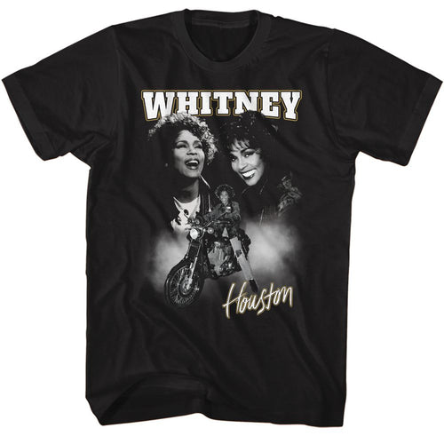 Black Whitney Houston t-shirt featuring a Motorcycle Collage design