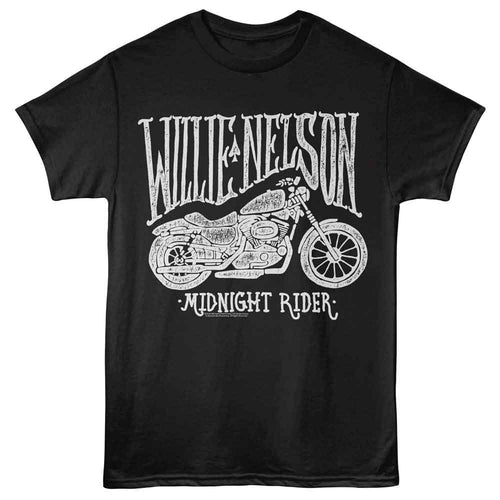 Black Willie Nelson t-shirt featuring a Motorcycle Midnight Rider design