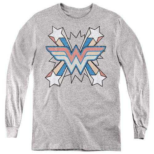 Wonder Woman Burst Emblem on Athletic Heather Youth Long Sleeve T-Shirt