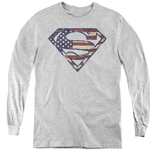 Superman Wartorn Flag Athletic Heather Youth Long Sleeve T-Shirt