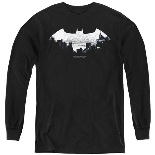 Batman Bat Logo Cityscape Youth Long Sleeve T-Shirt
