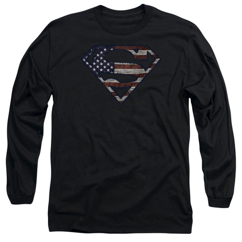 Superman Wartorn Flag Black Long Sleeve T-Shirt