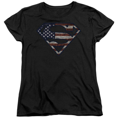 Superman Wartorn Flag Black Womens T-Shirt