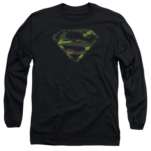 Superman Distressed Camo Shield Black Long Sleeve T-Shirt