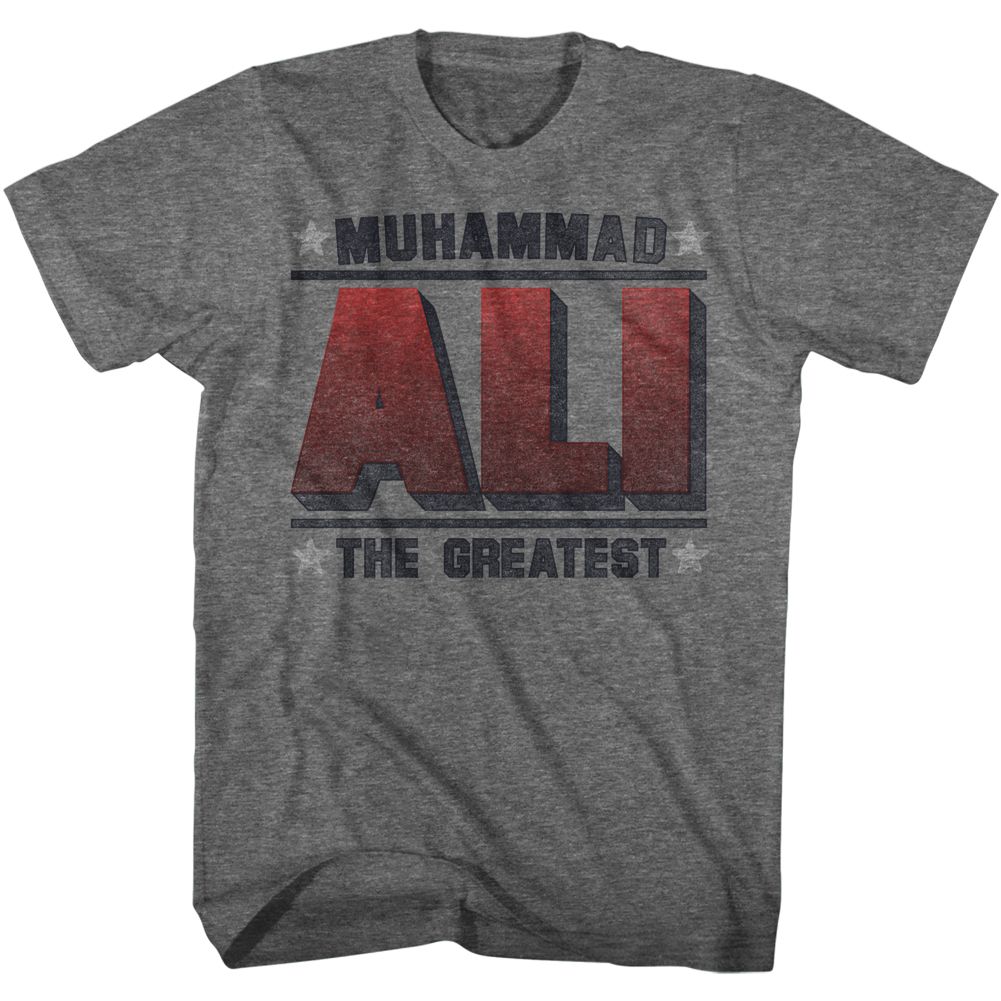 Graphite heather Muhammad Ali t-shirt featuring Muhammad Ali Greatest title design