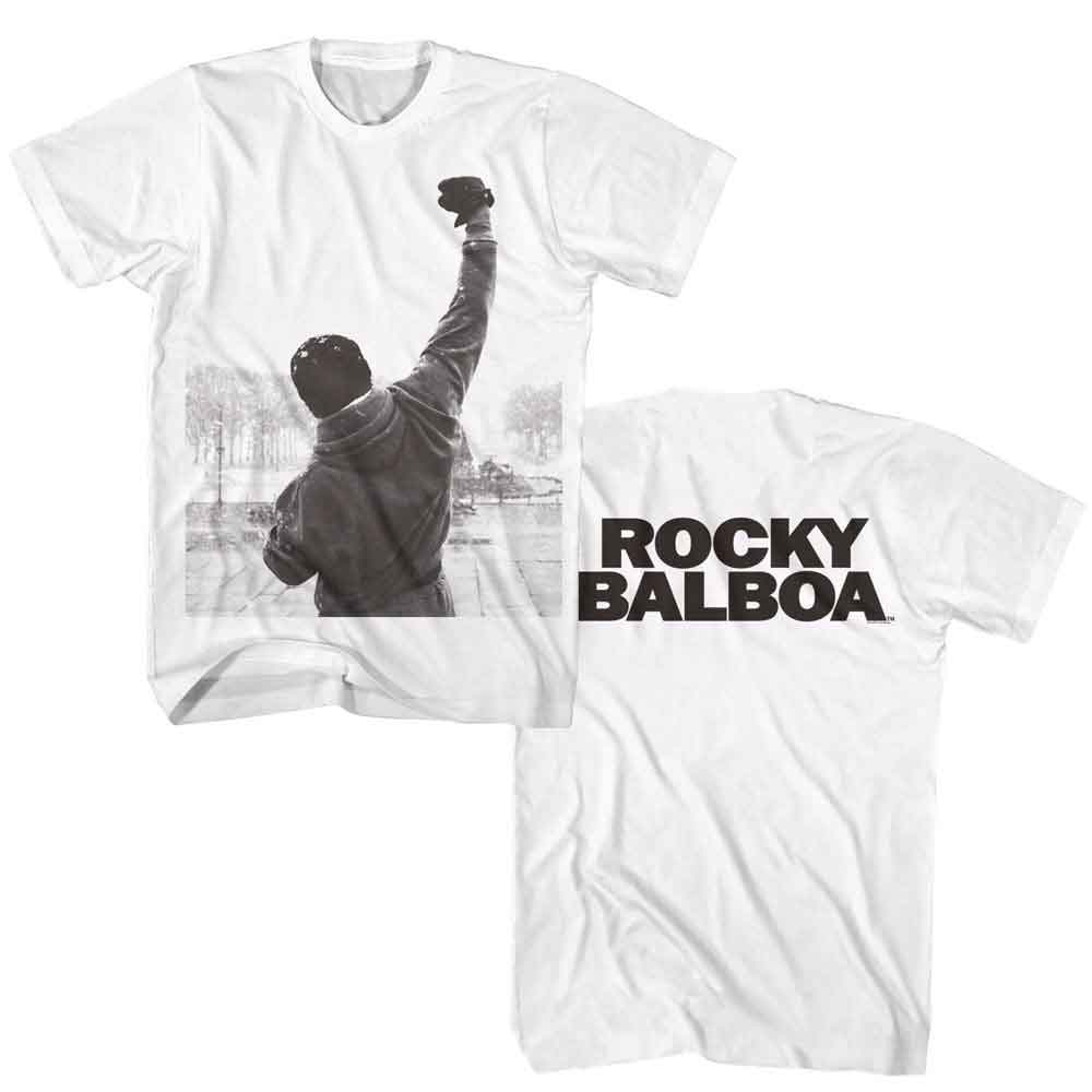 White Rocky t-shirt featuring a Rocky Rocky Sky Punch Balboa design