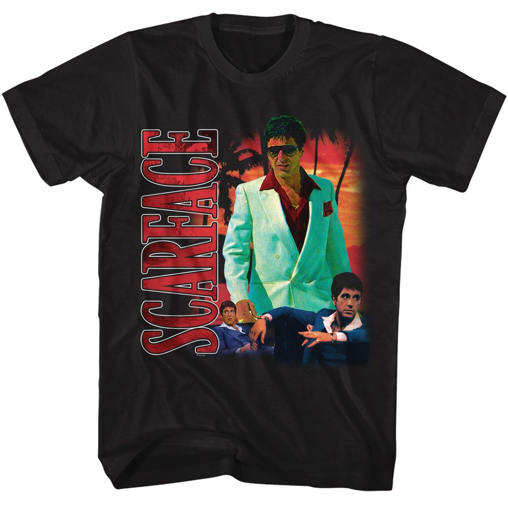 Black Scarface t-shirt featuring a Scarface Scarface Collage with Palm Tree Bg design