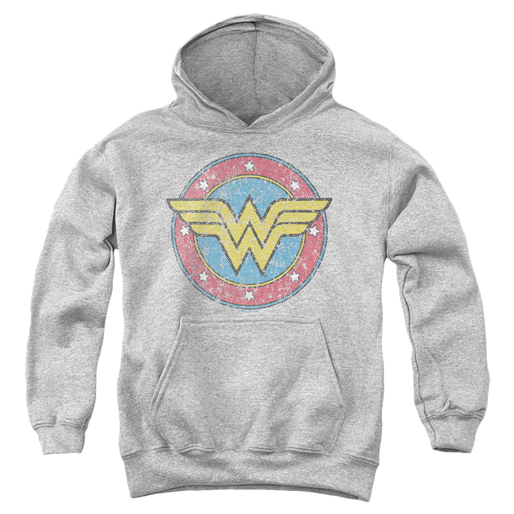 Wonder Woman Classic Circle Logo on Athletic Heather Youth Hoodie
