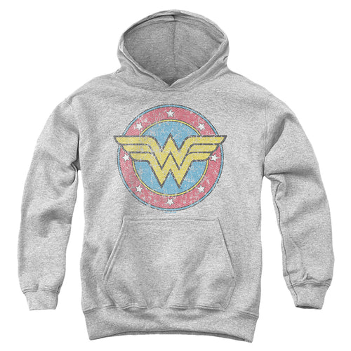 Wonder Woman Classic Circle Logo on Athletic Heather Youth Hoodie