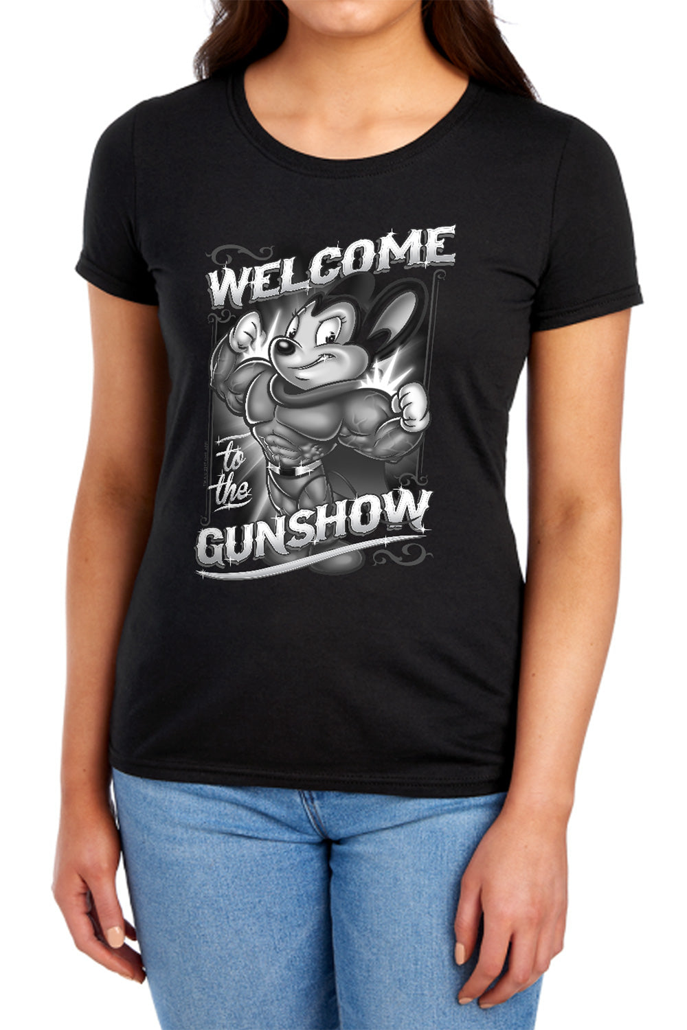 Mighty Mouse Mighty Gunshow Womens T-Shirt