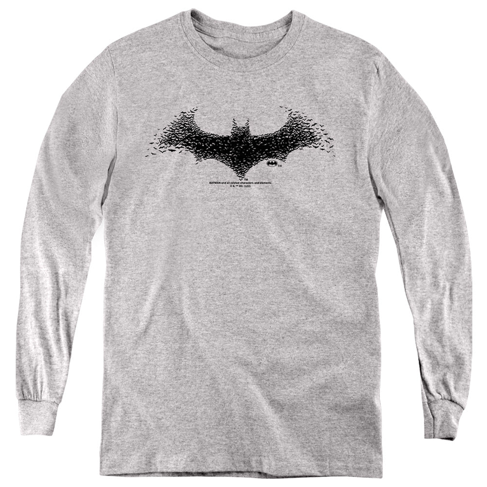 Batman Bat Swarm Logo on Athletic Heather Youth Long Sleeve T-Shirt