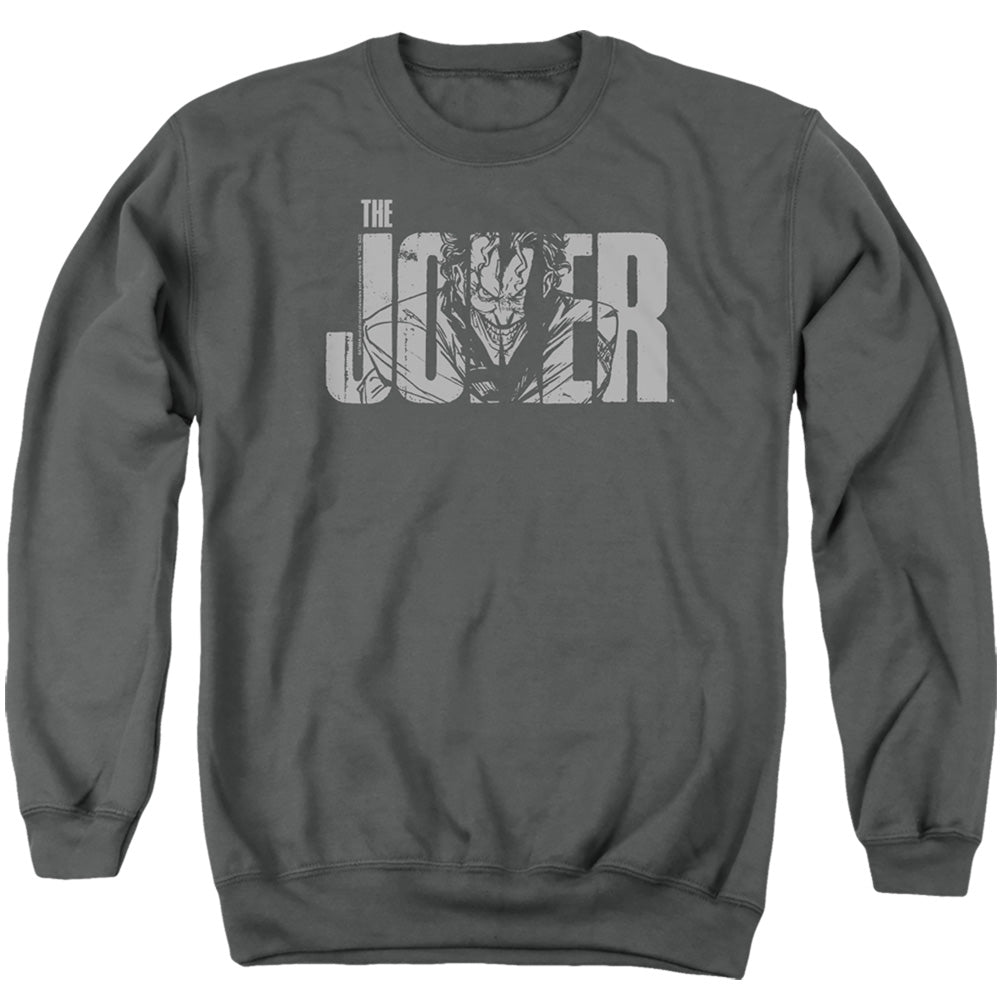 The Batman Joker Text on Gray Crewneck Sweatshirt