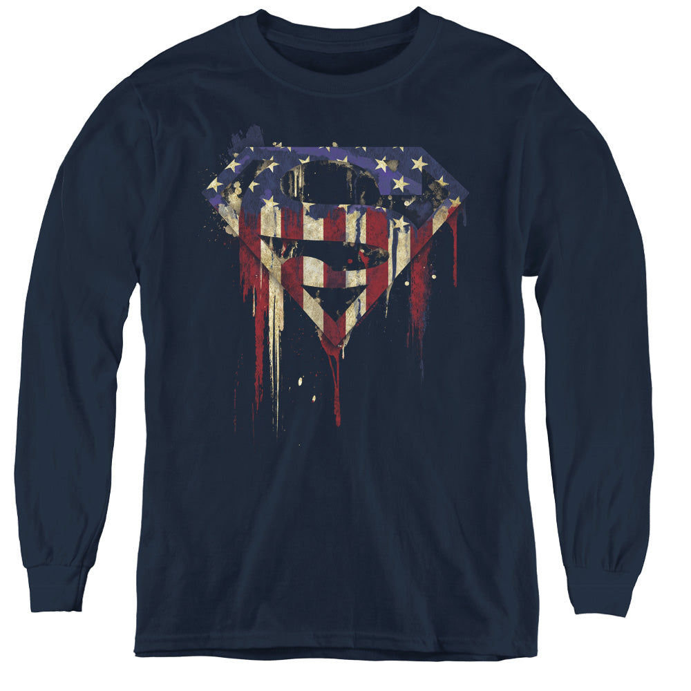 Superman Bleeding Shield Navy Youth Long Sleeve T-Shirt