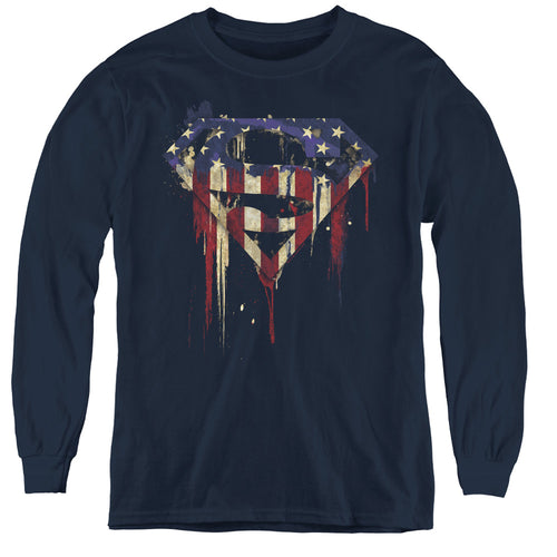 Superman Bleeding Shield Navy Youth Long Sleeve T-Shirt