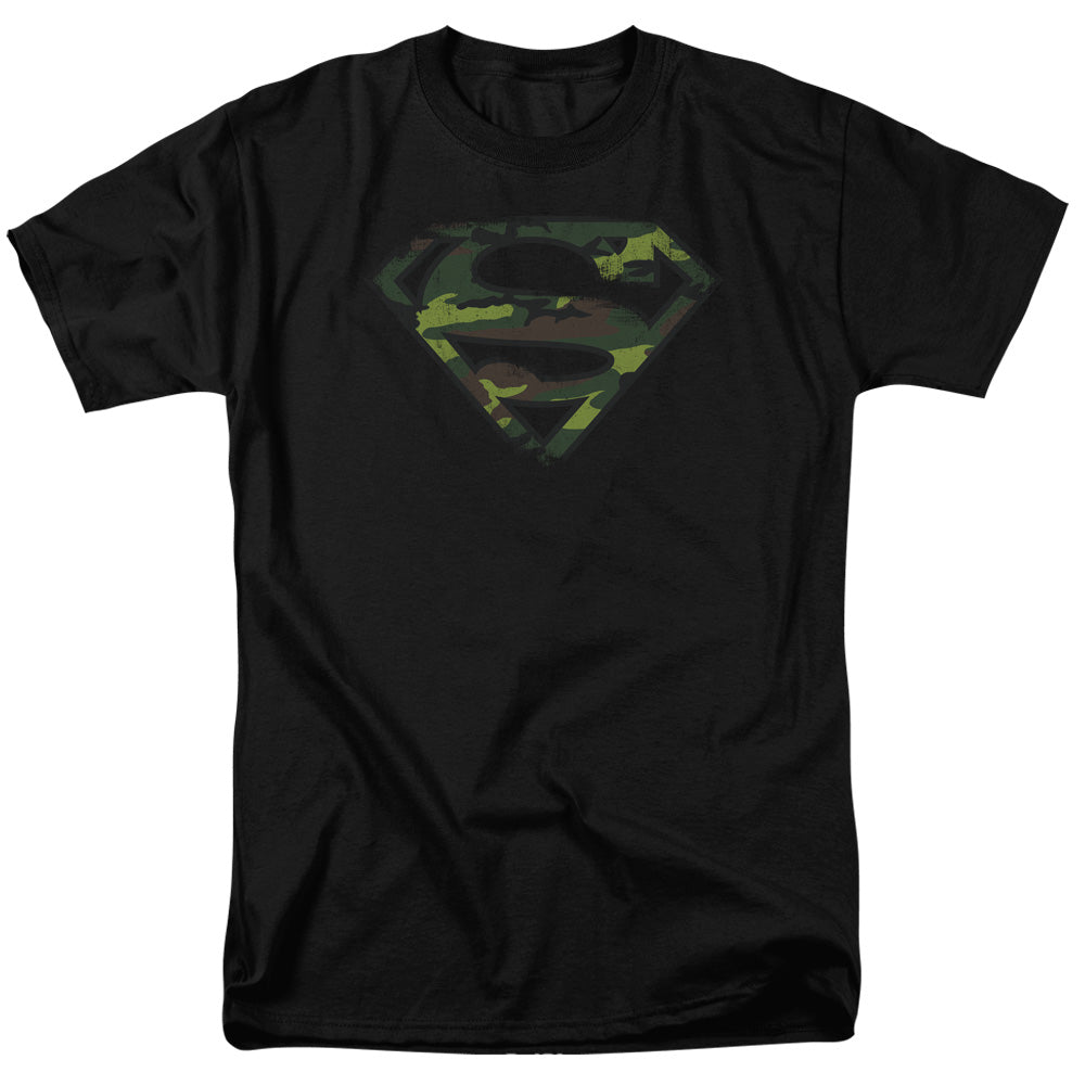 Superman Distressed Camo Shield Black T-Shirt