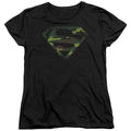 Superman Distressed Camo Shield Black Womens T-Shirt