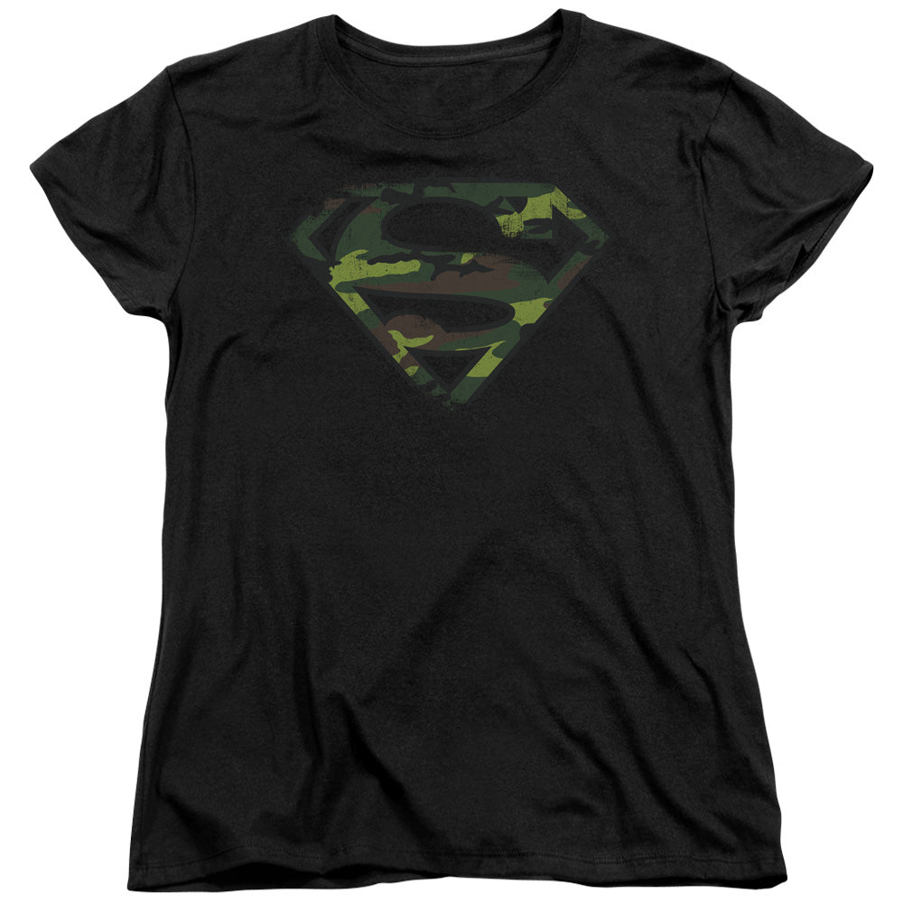 Superman Distressed Camo Shield Black Womens T-Shirt