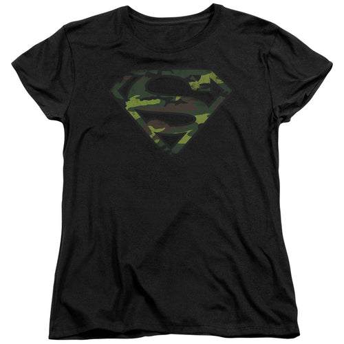 Superman Distressed Camo Shield Black Womens T-Shirt