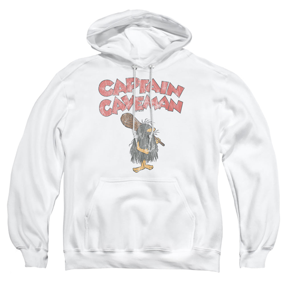 Captain Caveman Distressed Logo on White Pullover Hoodie