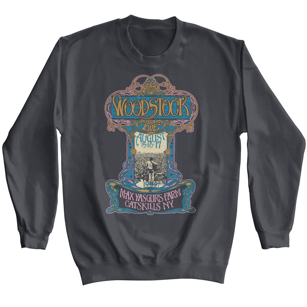 Charcoal Woodstock sweatshirt featuring Woodstock Nouveau Poster design