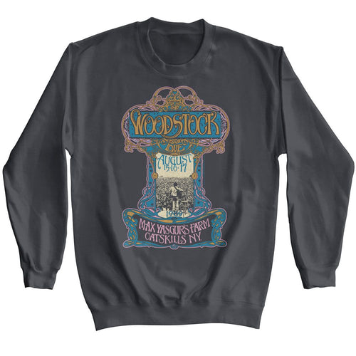 Charcoal Woodstock sweatshirt featuring Woodstock Nouveau Poster design