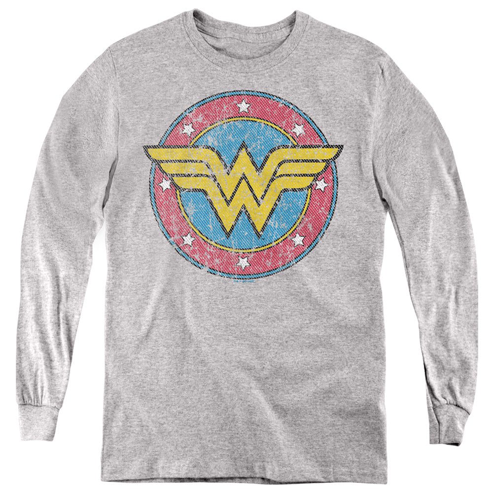 Wonder Woman Classic Circle Logo on Athletic Heather Youth Long Sleeve T-Shirt