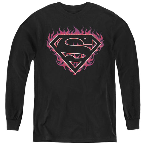Superman Fuchsia Flames Outline Youth Long Sleeve T-Shirt