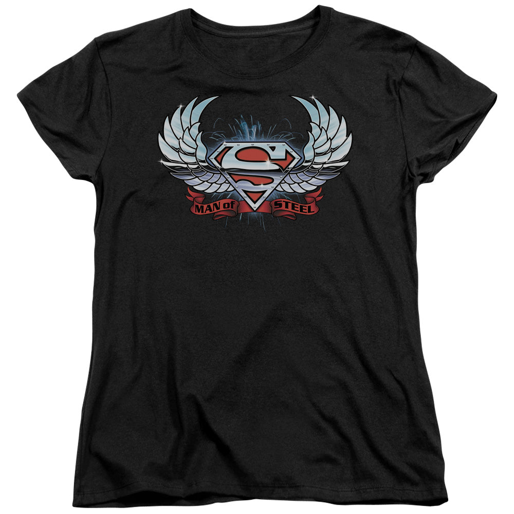 Superman Chrome Wings Shield Womens T-Shirt