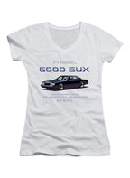 White 6000 SUX Bigger is Better Juniors V-Neck T-Shirt
