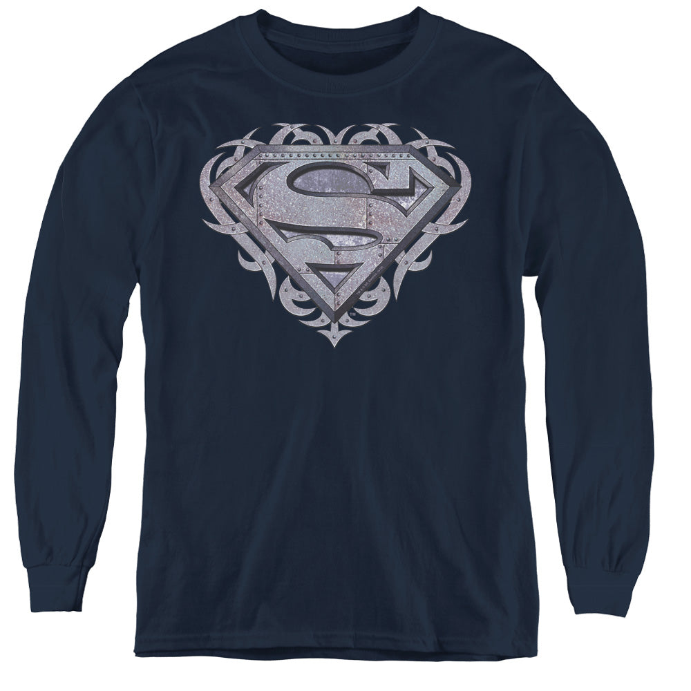 Superman Tribal Steel Shield Youth Long Sleeve T-Shirt