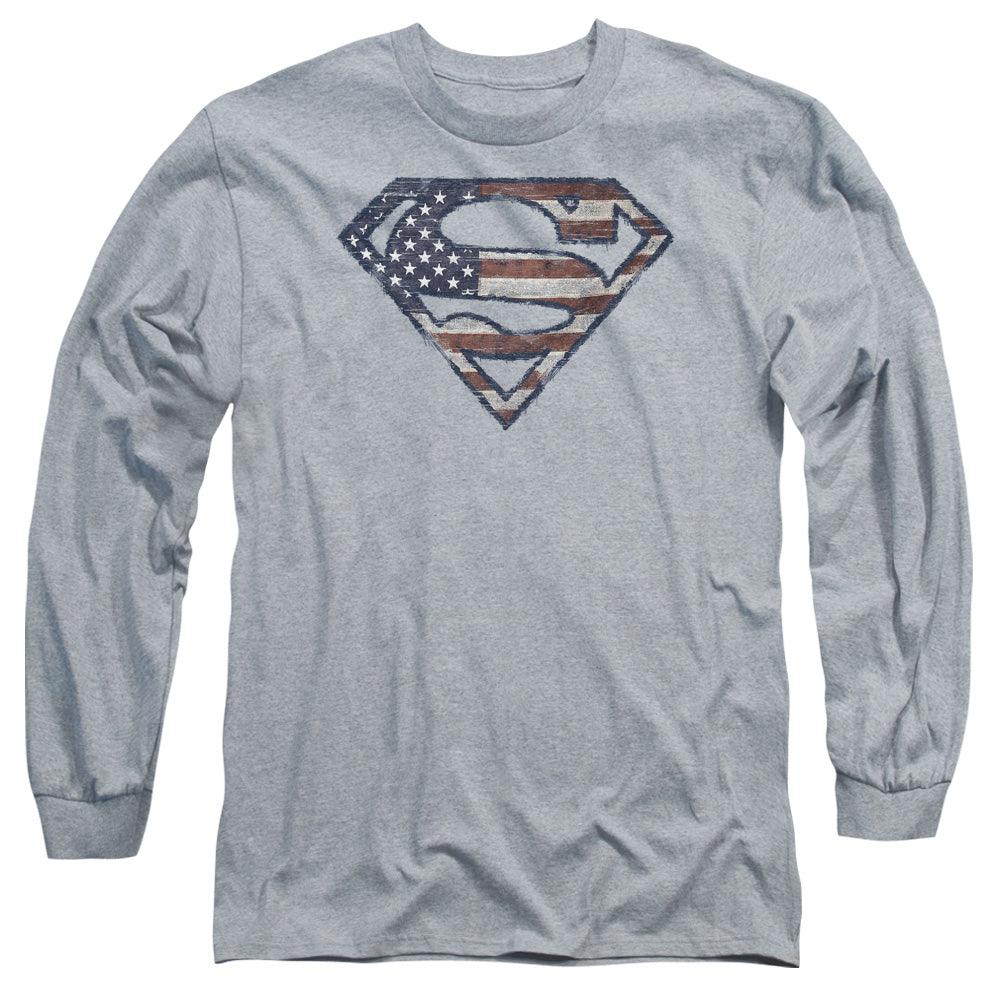 Superman Wartorn Flag Athletic Heather Long Sleeve T-Shirt