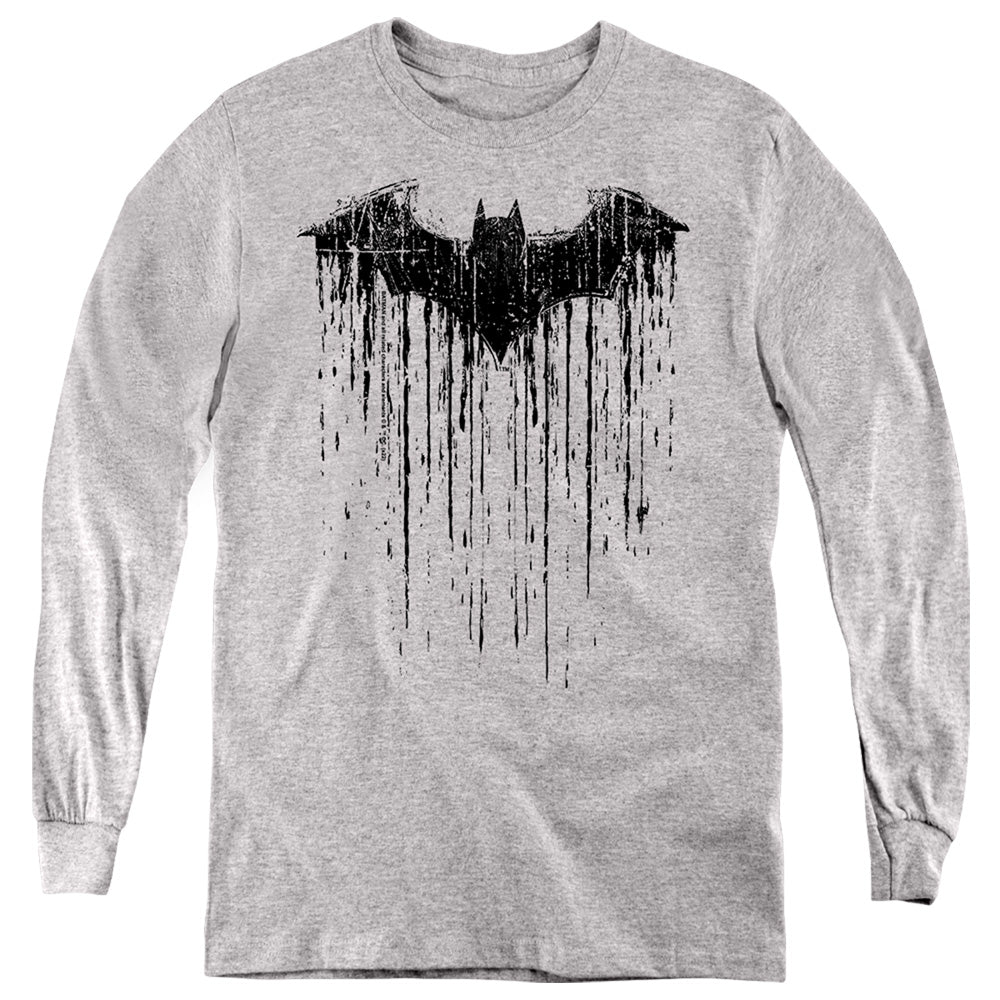 Batman Paint Drip Bat on Athletic Heather Youth Long Sleeve T-Shirt