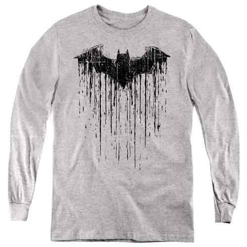 Batman Paint Drip Bat on Athletic Heather Youth Long Sleeve T-Shirt