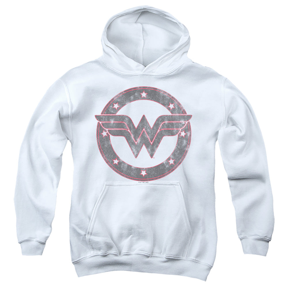 Wonder Woman Distressed Emblem on White Youth Hoodie