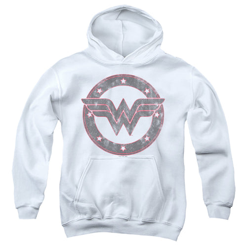 Wonder Woman Distressed Emblem on White Youth Hoodie